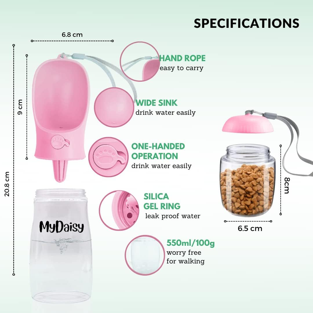 MYDAISY Spülmaschinenfest Trinkflasche Hunde Für Unterwegs 550Ml Mit 100G Futterbehälter - Auslaufsichere Hunde Trinkflasche Geeignet Für Hunde Und Welpen - Hundezubehör to Go