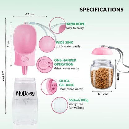 MYDAISY Spülmaschinenfest Trinkflasche Hunde Für Unterwegs 550Ml Mit 100G Futterbehälter - Auslaufsichere Hunde Trinkflasche Geeignet Für Hunde Und Welpen - Hundezubehör to Go