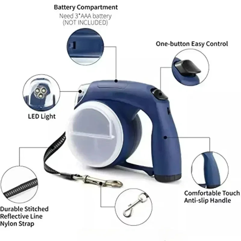 Newly Upgraded Automatic Retractable Dog Leash with LED Light, Pet Leash with Poop Bag Water Bowl Box, 13 FT Strong Dog Leash