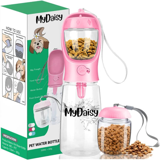 MYDAISY Spülmaschinenfest Trinkflasche Hunde Für Unterwegs 550Ml Mit 100G Futterbehälter - Auslaufsichere Hunde Trinkflasche Geeignet Für Hunde Und Welpen - Hundezubehör to Go