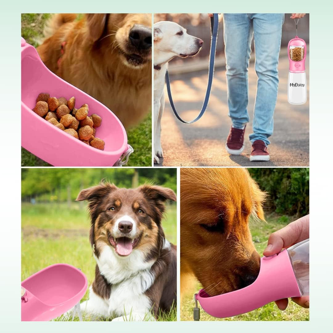 MYDAISY Spülmaschinenfest Trinkflasche Hunde Für Unterwegs 550Ml Mit 100G Futterbehälter - Auslaufsichere Hunde Trinkflasche Geeignet Für Hunde Und Welpen - Hundezubehör to Go